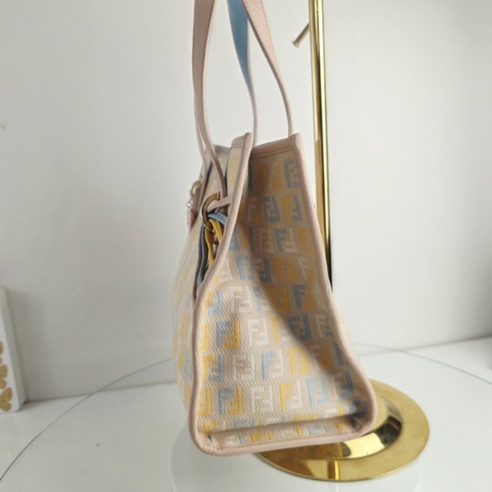 FENDI Zucchino Canvas Small  Shopping Handbag Tote Beige Blue Yellow Dustbg Rare - Picture 5 of 17
